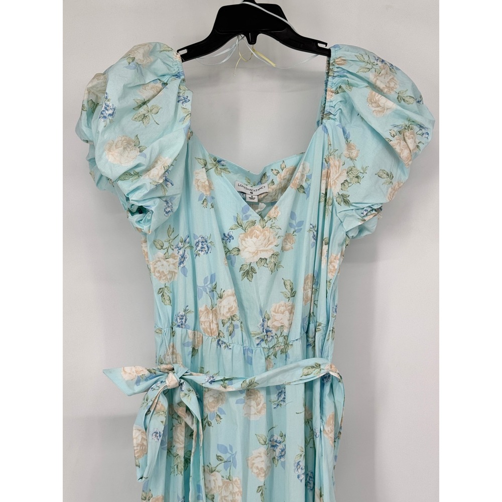 LoveShackFancy x Target Dress Womens 8 Blue NEW Floral Puff Sleeve Midi Belted - Picture 2 of 13